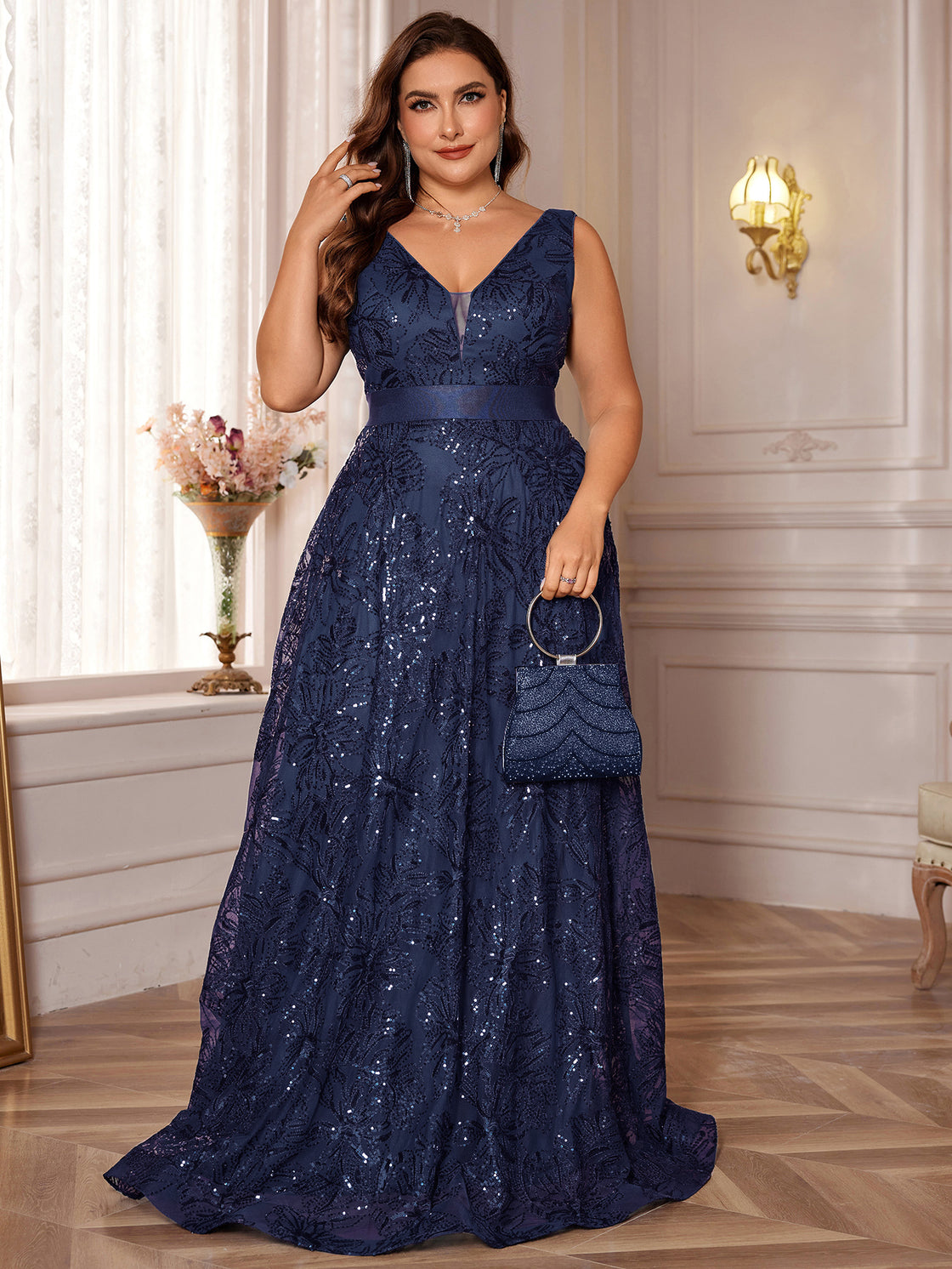BluePlum Plus Size Luxury Sexy Deep V-Neck Sequins Blue Evening Dress Women Elegant V-back Wedding Party Long Prom Cocktail Dress | Blue Plum