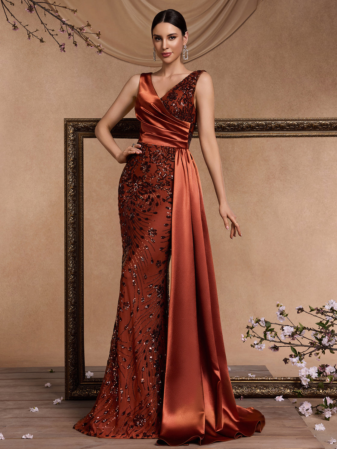 Ladies in spring and summer, elegant and high-quality sequin patchwork, well-fitting V-neck, sleeveless, with a luxurious and elegant demeanor| Blue Plum