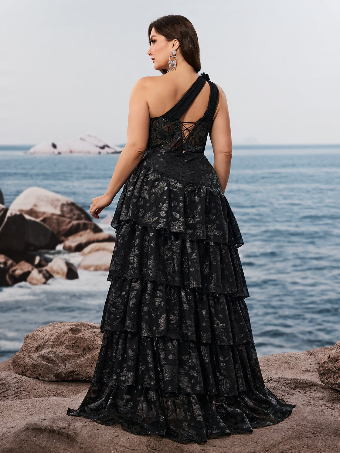 large-sized elegant off-the-shoulder pleated evening dress for women | Blue Plum