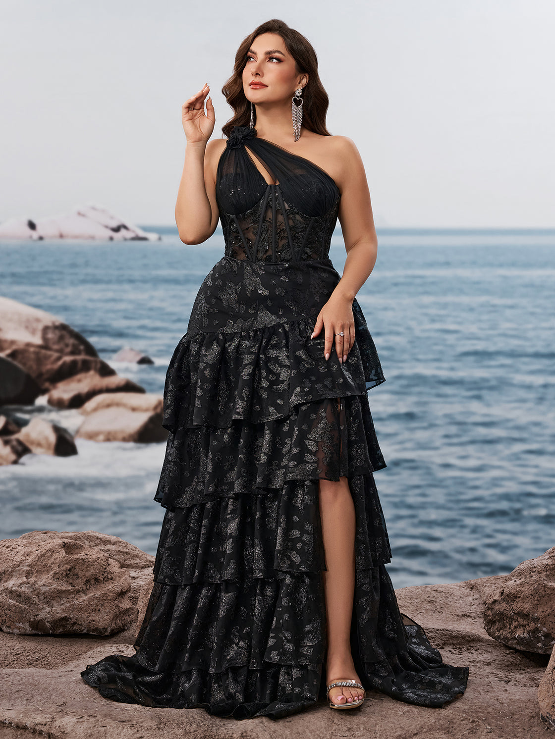 large-sized elegant off-the-shoulder pleated evening dress for women | Blue Plum