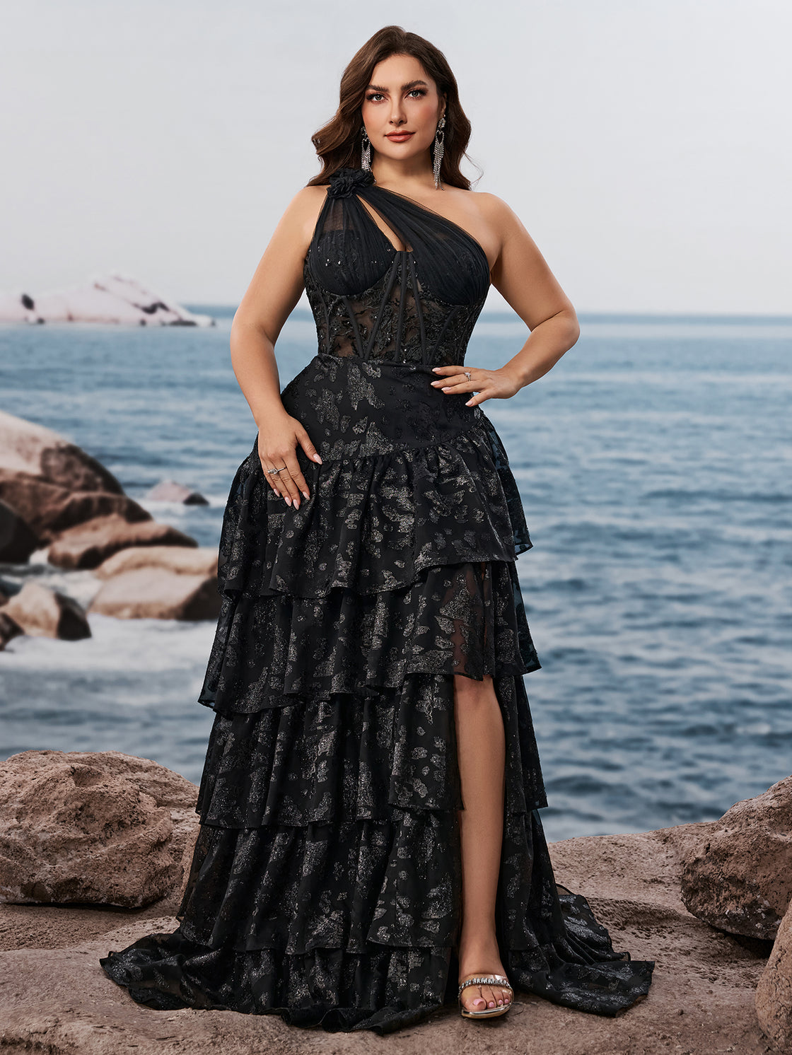 large-sized elegant off-the-shoulder pleated evening dress for women | Blue Plum
