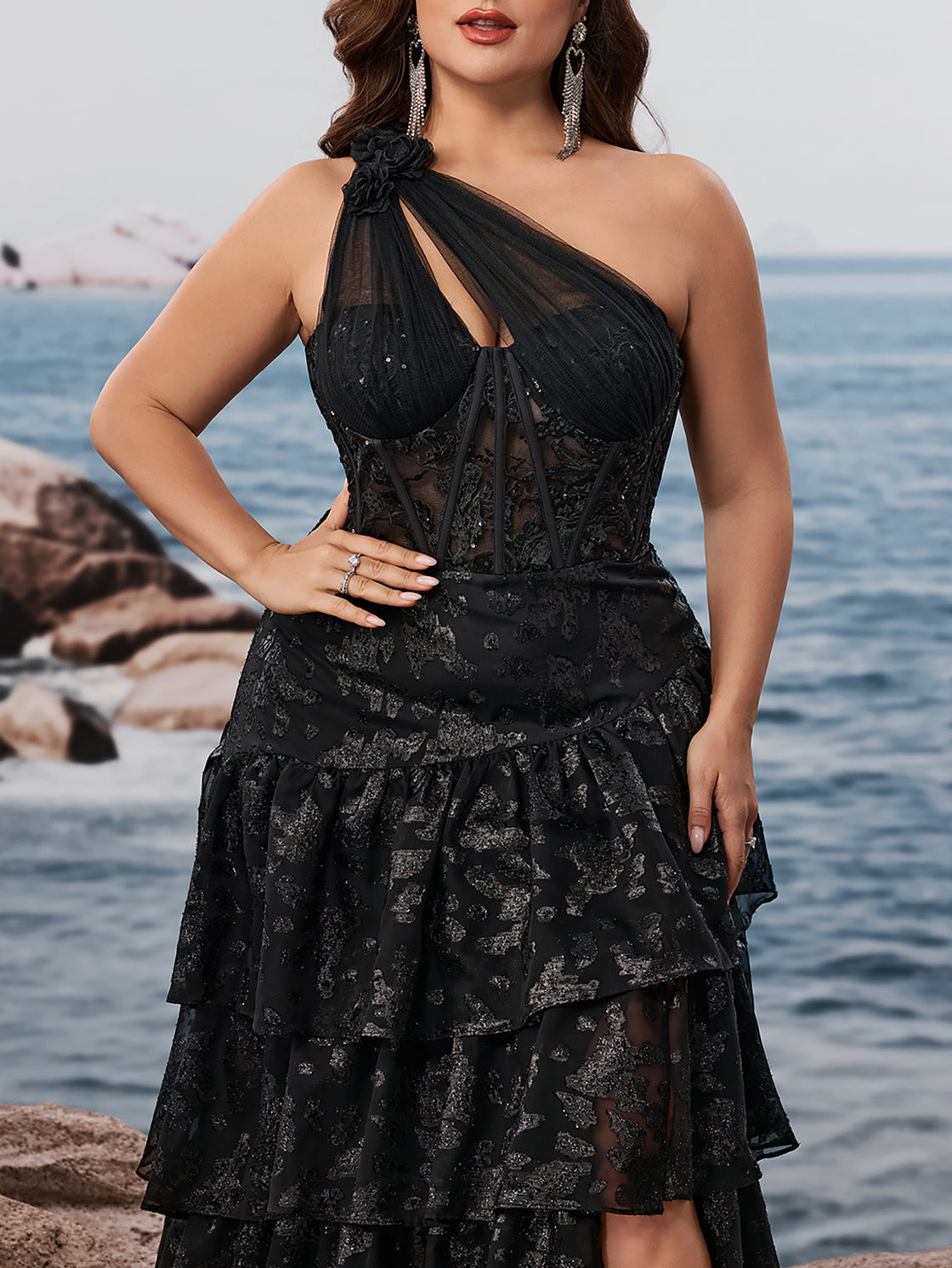 large-sized elegant off-the-shoulder pleated evening dress for women | Blue Plum
