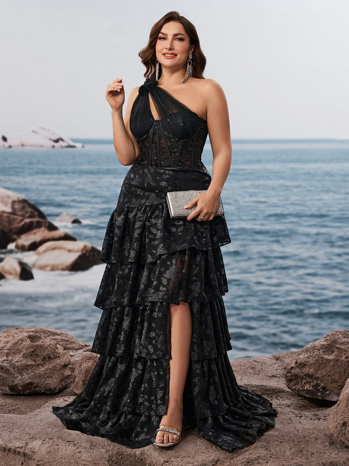 large-sized elegant off-the-shoulder pleated evening dress for women | Blue Plum