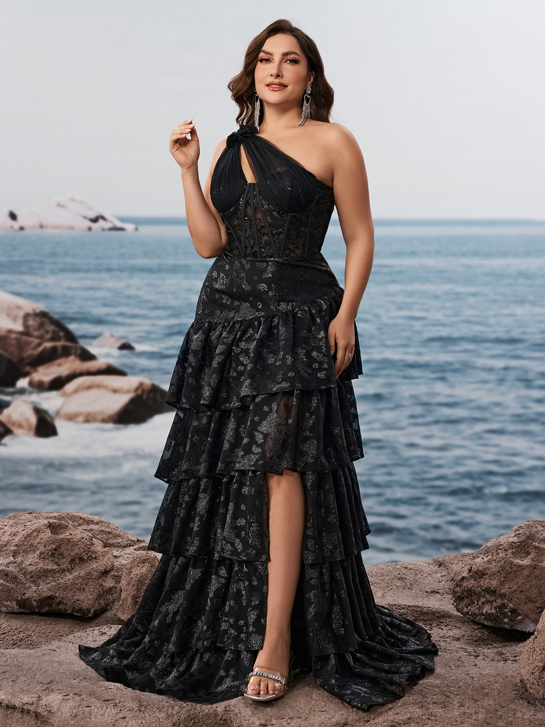large-sized elegant off-the-shoulder pleated evening dress for women | Blue Plum