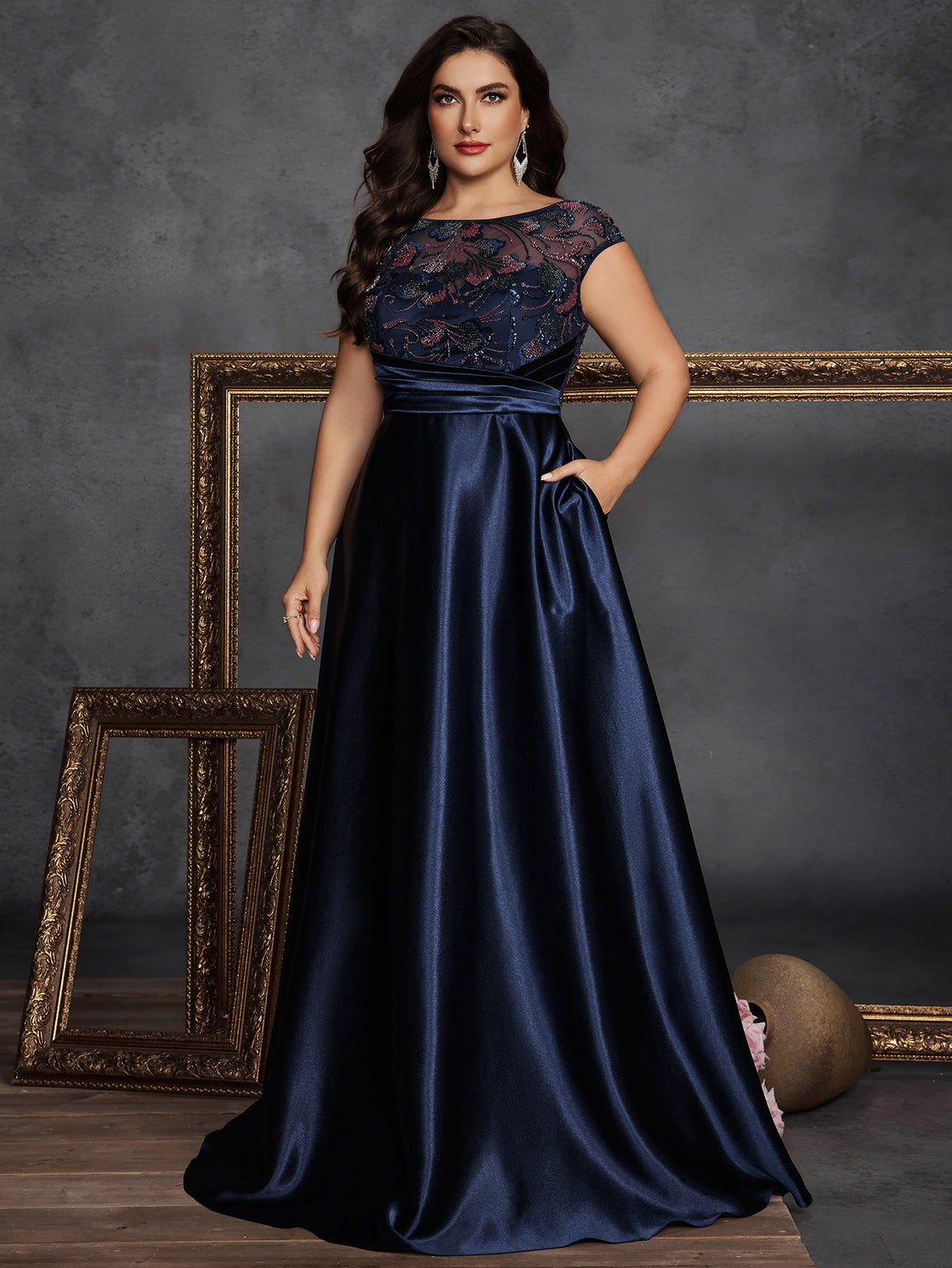 Spring and summer large-sized long elegant sequin patchwork satin round-neck sleeveless ball dress- BLUEPLUM Luxury | Blue Plum
