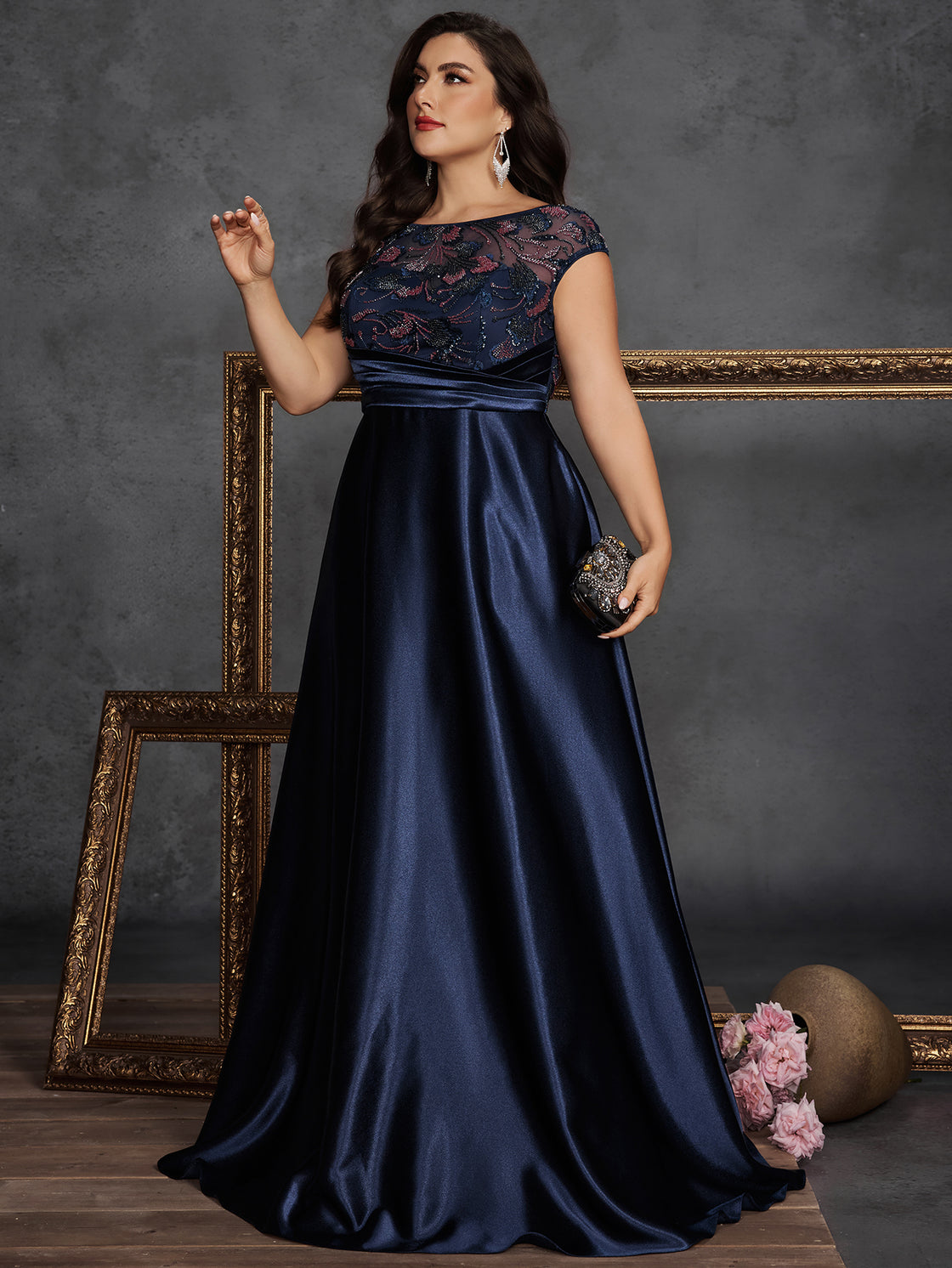 Spring and summer large-sized long elegant sequin patchwork satin round-neck sleeveless ball dress- BLUEPLUM Luxury | Blue Plum