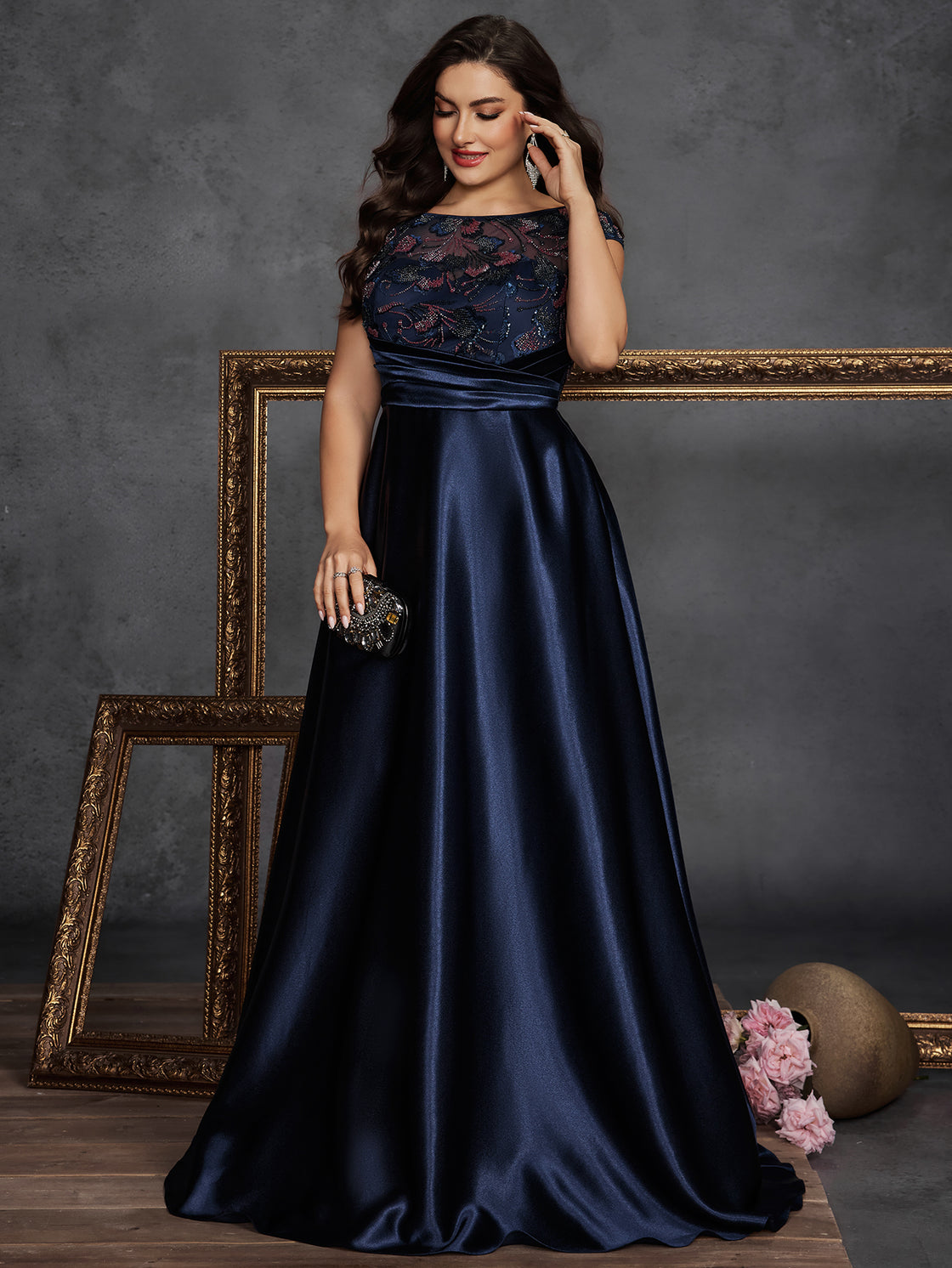 Spring and summer large-sized long elegant sequin patchwork satin round-neck sleeveless ball dress- BLUEPLUM Luxury | Blue Plum