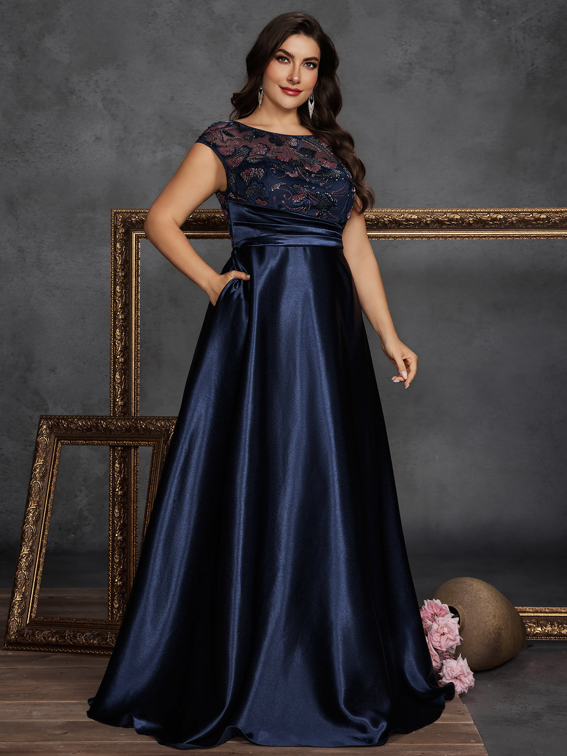Spring and summer large-sized long elegant sequin patchwork satin round-neck sleeveless ball dress- BLUEPLUM Luxury | Blue Plum