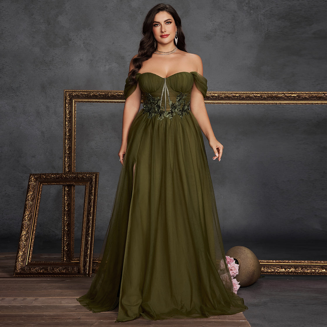 large-sized solid-color off-the-shoulder slit mesh evening dress with an elegant pleated A-line design- BLUEPLUM Luxury | Blue Plum