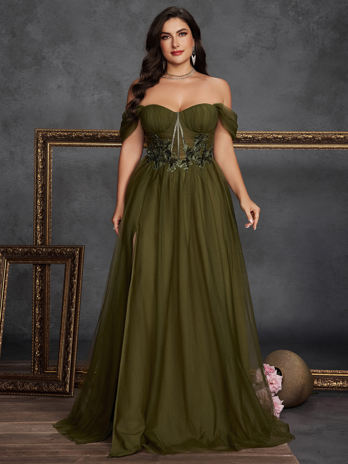 large-sized solid-color off-the-shoulder slit mesh evening dress with an elegant pleated A-line design- BLUEPLUM Luxury | Blue Plum