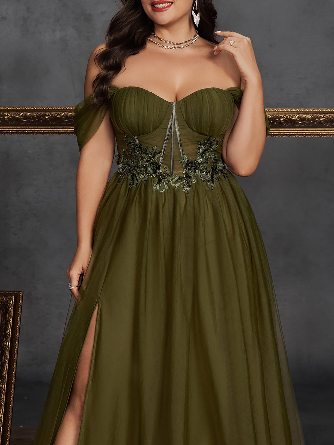 large-sized solid-color off-the-shoulder slit mesh evening dress with an elegant pleated A-line design- BLUEPLUM Luxury | Blue Plum
