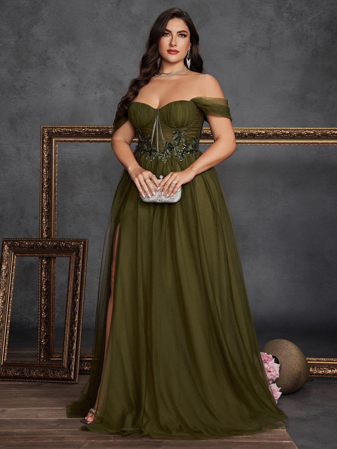 large-sized solid-color off-the-shoulder slit mesh evening dress with an elegant pleated A-line design- BLUEPLUM Luxury | Blue Plum