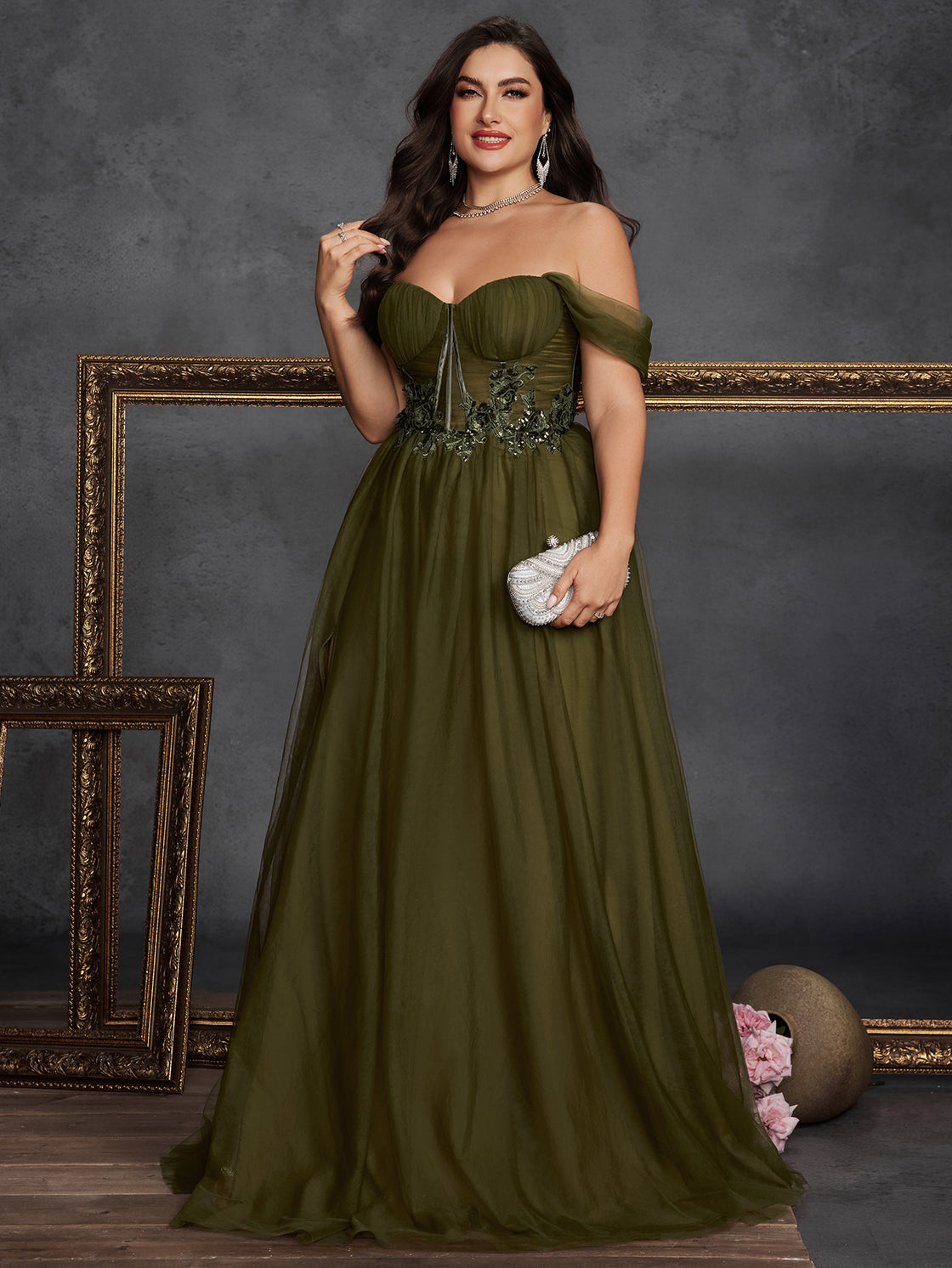 large-sized solid-color off-the-shoulder slit mesh evening dress with an elegant pleated A-line design- BLUEPLUM Luxury | Blue Plum
