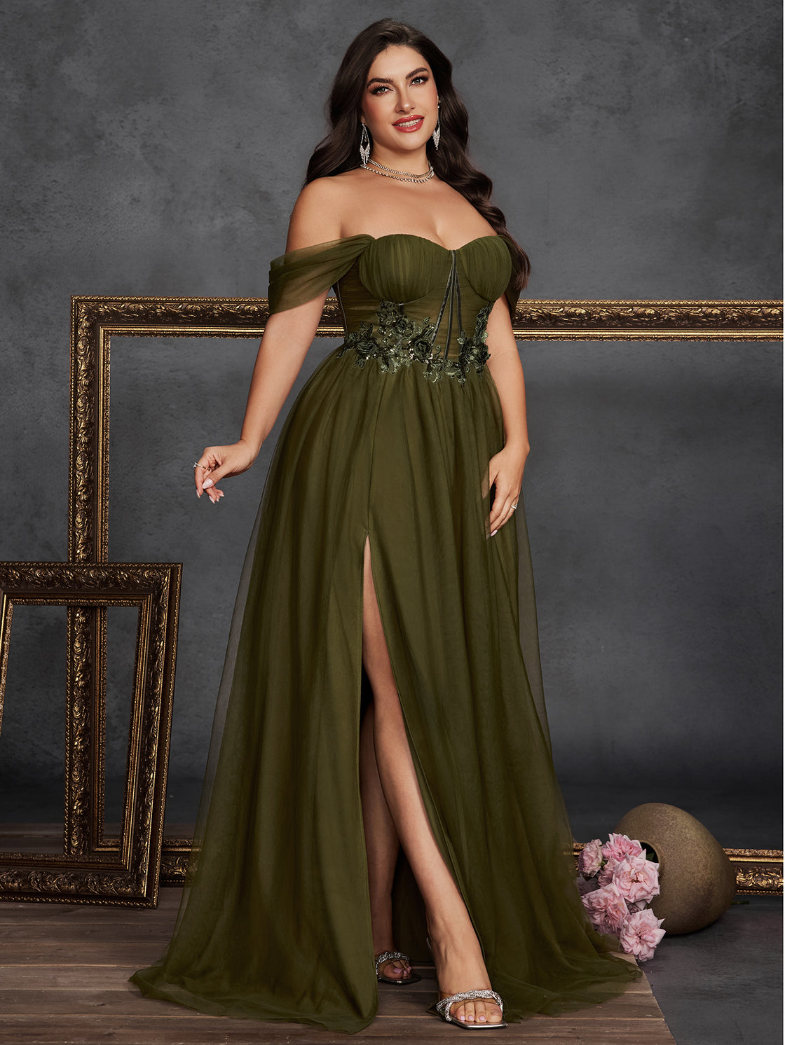large-sized solid-color off-the-shoulder slit mesh evening dress with an elegant pleated A-line design- BLUEPLUM Luxury | Blue Plum