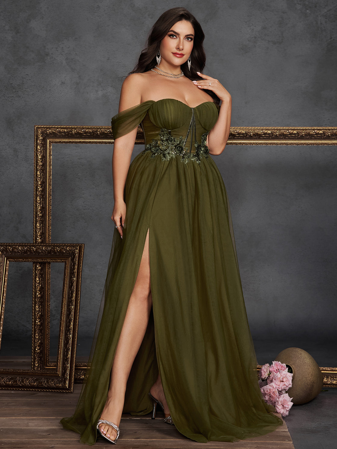 large-sized solid-color off-the-shoulder slit mesh evening dress with an elegant pleated A-line design- BLUEPLUM Luxury | Blue Plum