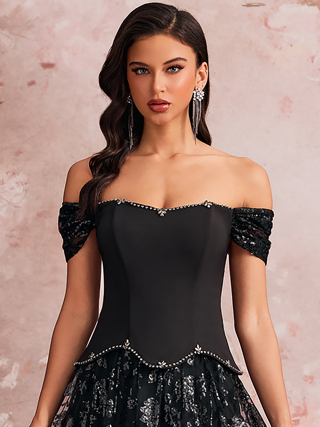 Elegant evening dress, with sequins pieced together and hand-stitched beads, high-end custom-made with a double-layered oversized hem design, adjustable back straps| Blue Plum