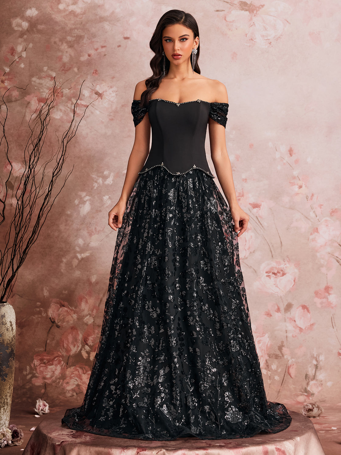 Elegant evening dress, with sequins pieced together and hand-stitched beads, high-end custom-made with a double-layered oversized hem design, adjustable back straps| Blue Plum