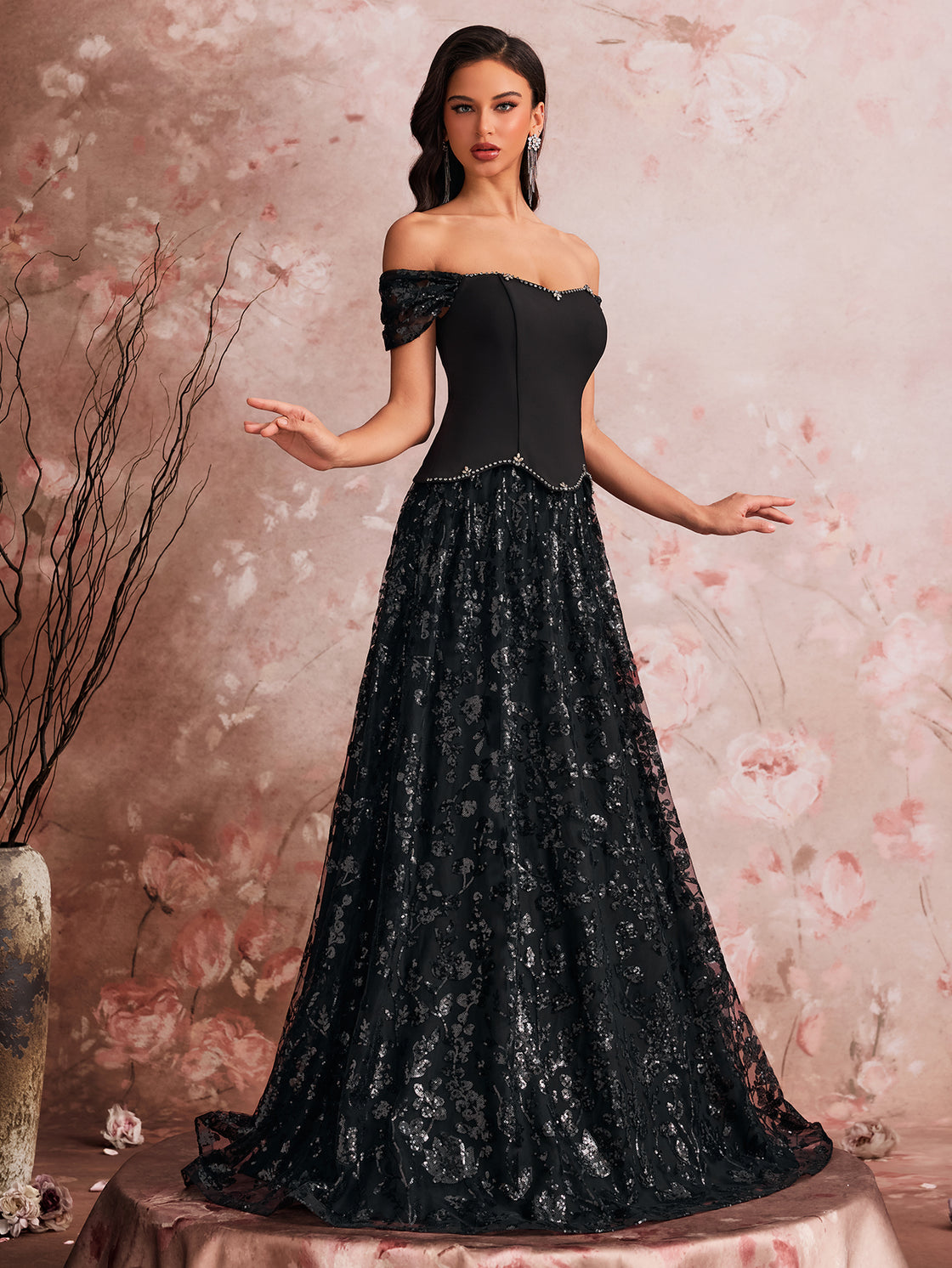 Elegant evening dress, with sequins pieced together and hand-stitched beads, high-end custom-made with a double-layered oversized hem design, adjustable back straps| Blue Plum