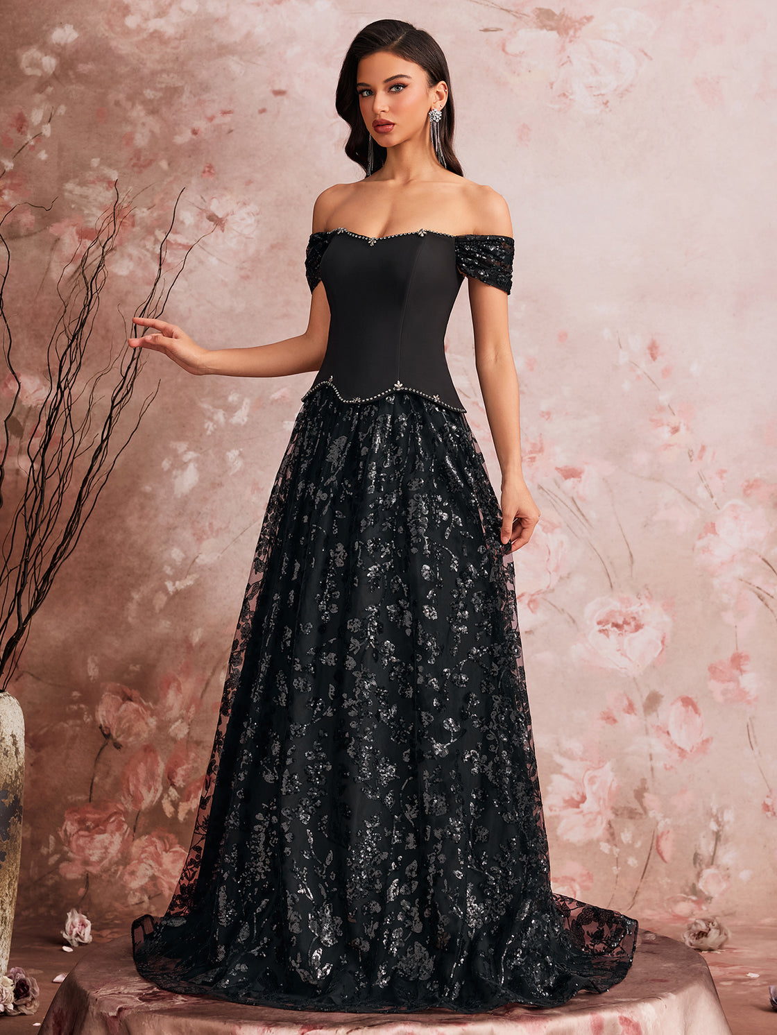 Elegant evening dress, with sequins pieced together and hand-stitched beads, high-end custom-made with a double-layered oversized hem design, adjustable back straps| Blue Plum