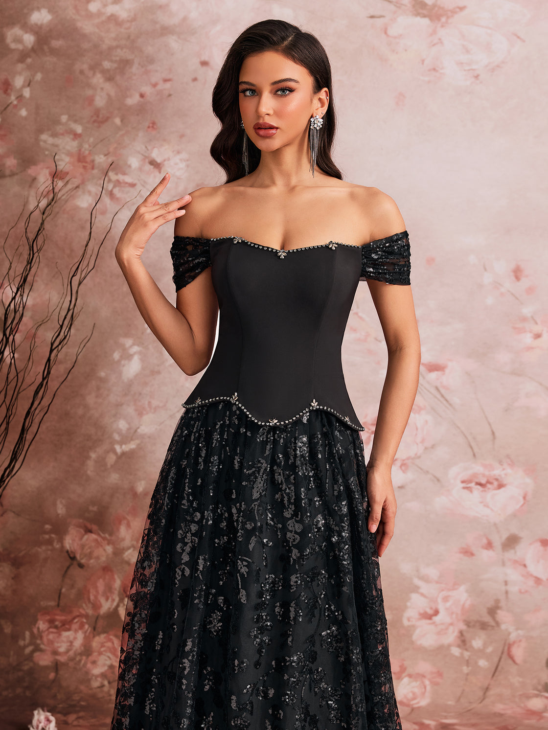 Elegant evening dress, with sequins pieced together and hand-stitched beads, high-end custom-made with a double-layered oversized hem design, adjustable back straps| Blue Plum