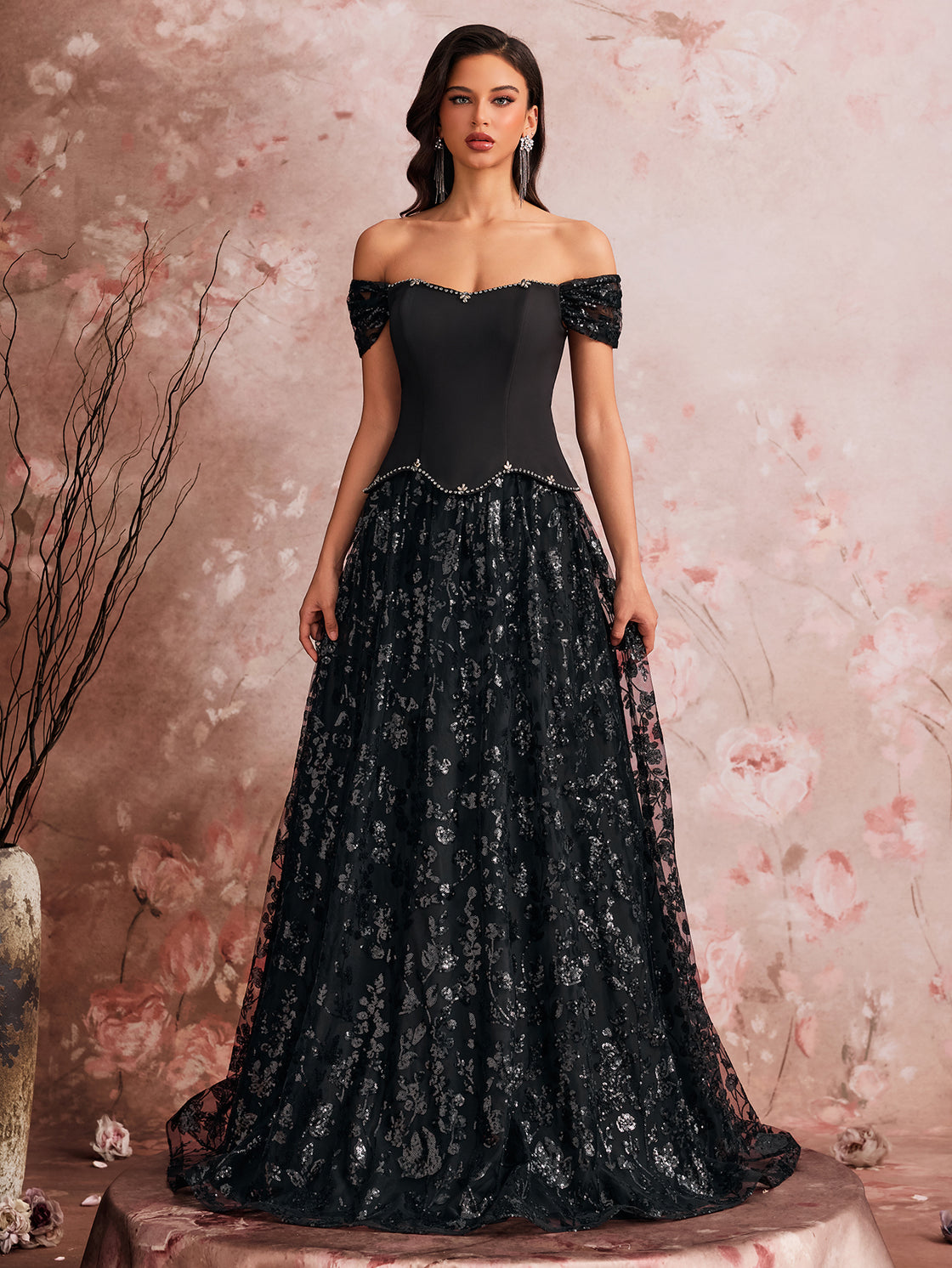 Elegant evening dress, with sequins pieced together and hand-stitched beads, high-end custom-made with a double-layered oversized hem design, adjustable back straps| Blue Plum