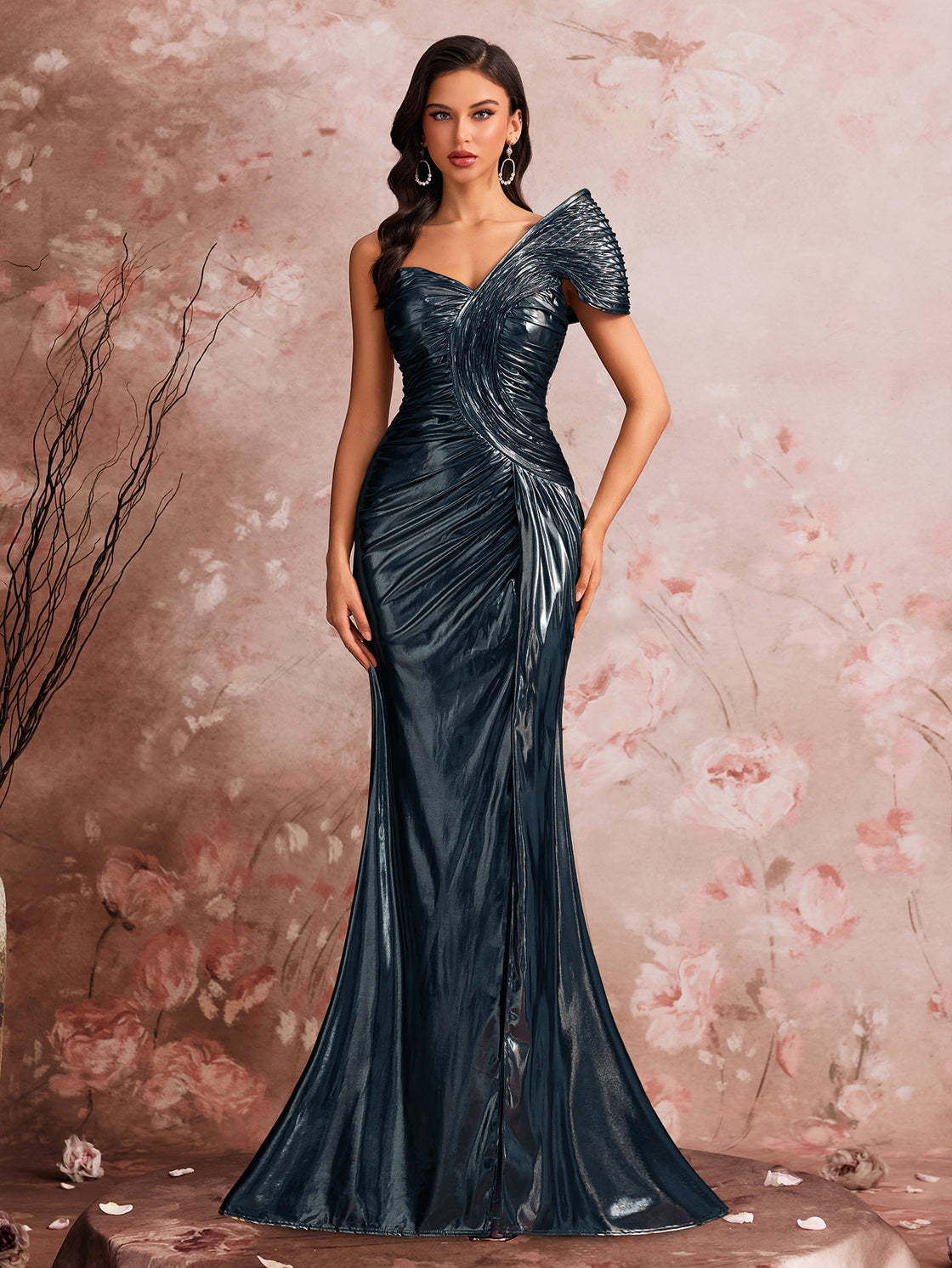 Spring and Summer Golden Design Fish Silk Shaping Elegant Evening Dress with Graceful Style Pleated Formal Party Dress with Elegant Atmosphere Knee-High and Fitted Dress Suitable for Ladies' Graduation Ball| Blue Plum
