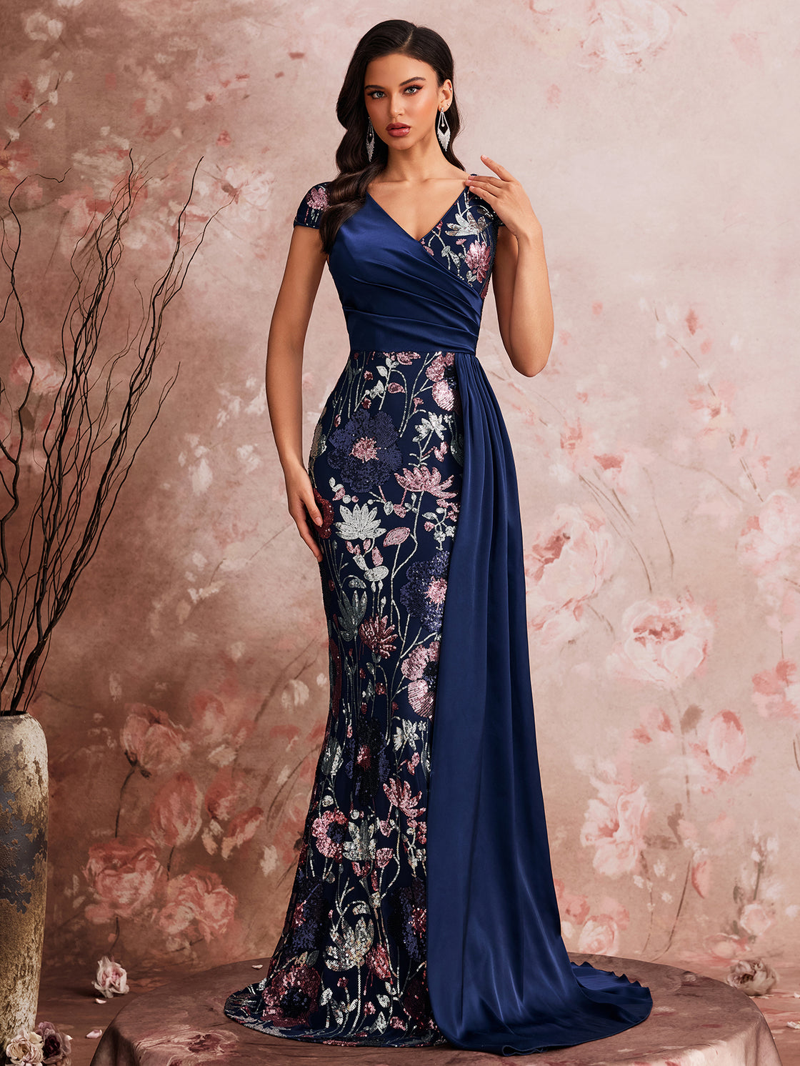 Lady's spring and summer elegant high-quality colorful embroidered sequin pieces are spliced together. This is a luxurious V-necked pleated dress suitable for formal evening events. | Blue Plum