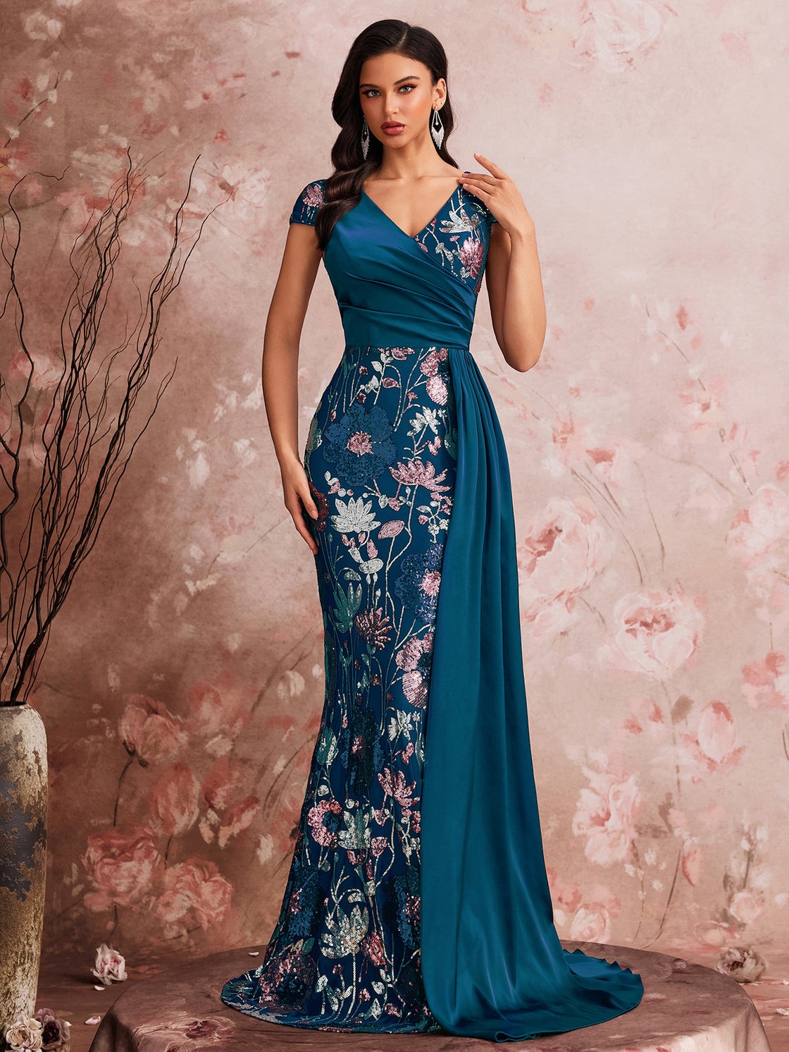 Lady's spring and summer elegant high-quality colorful embroidered sequin pieces are spliced together. This is a luxurious V-necked pleated dress suitable for formal evening events. | Blue Plum