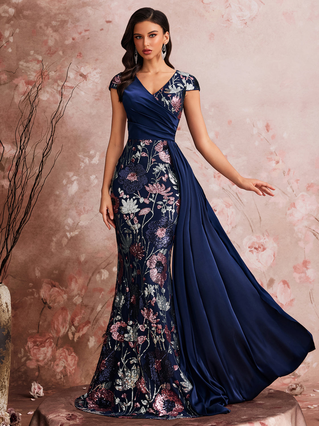 Lady's spring and summer elegant high-quality colorful embroidered sequin pieces are spliced together. This is a luxurious V-necked pleated dress suitable for formal evening events. | Blue Plum
