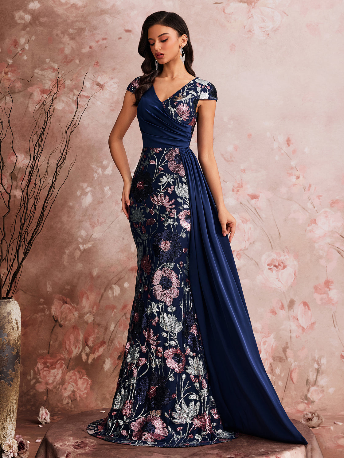 Lady's spring and summer elegant high-quality colorful embroidered sequin pieces are spliced together. This is a luxurious V-necked pleated dress suitable for formal evening events. | Blue Plum