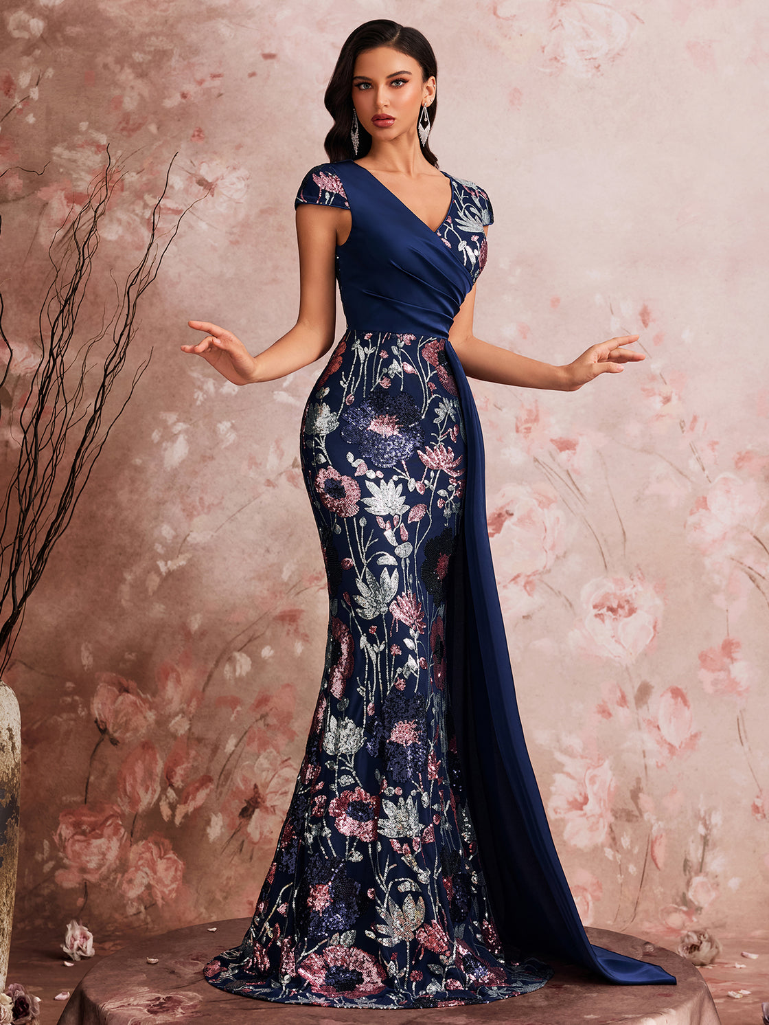 Lady's spring and summer elegant high-quality colorful embroidered sequin pieces are spliced together. This is a luxurious V-necked pleated dress suitable for formal evening events. | Blue Plum