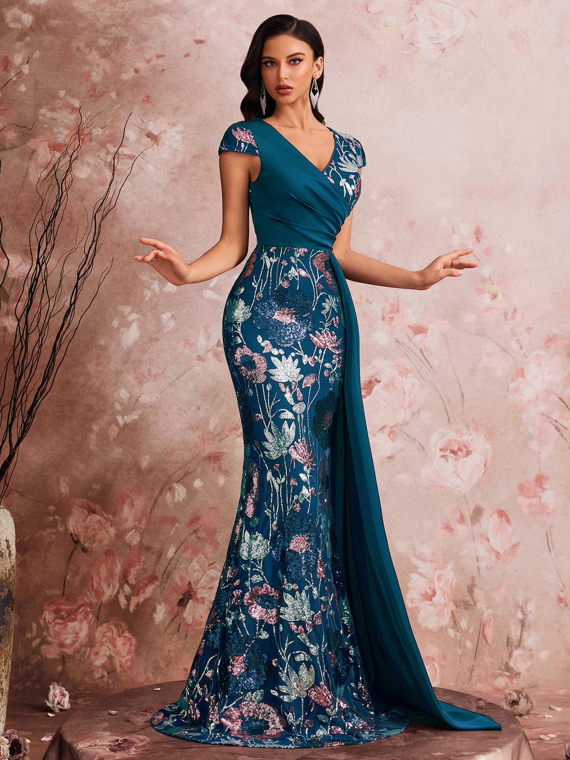 Lady's spring and summer elegant high-quality colorful embroidered sequin pieces are spliced together. This is a luxurious V-necked pleated dress suitable for formal evening events. | Blue Plum