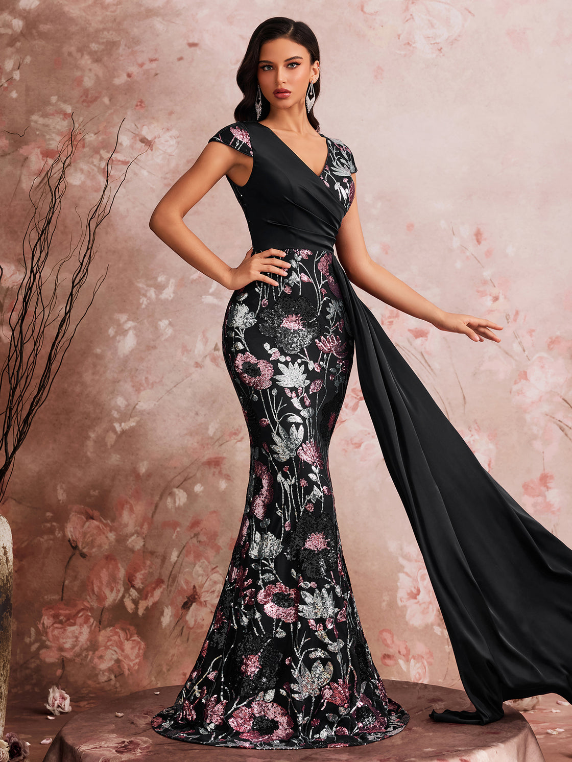 Lady's spring and summer elegant high-quality colorful embroidered sequin pieces are spliced together. This is a luxurious V-necked pleated dress suitable for formal evening events. | Blue Plum