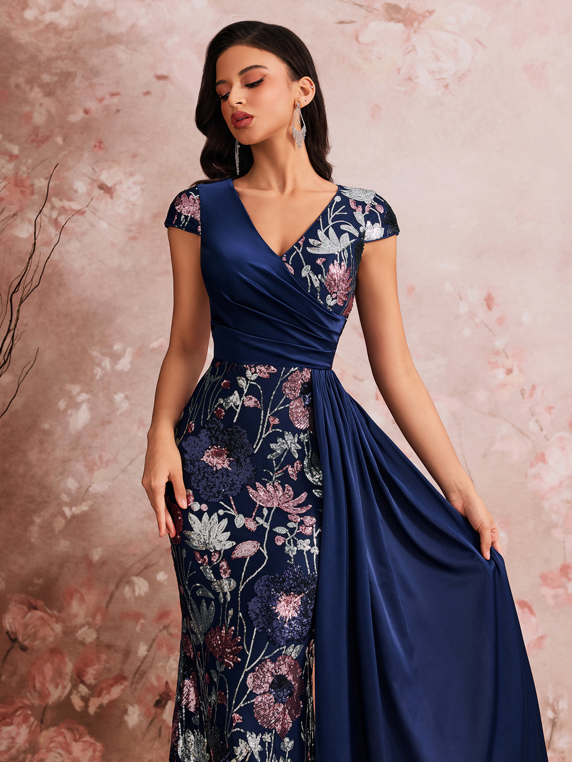 Lady's spring and summer elegant high-quality colorful embroidered sequin pieces are spliced together. This is a luxurious V-necked pleated dress suitable for formal evening events. | Blue Plum