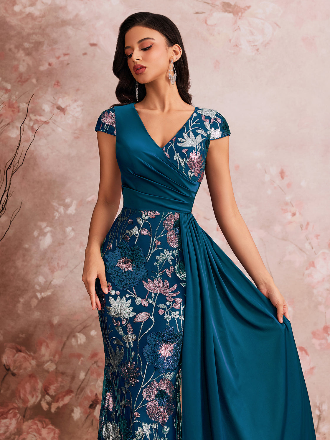 Lady's spring and summer elegant high-quality colorful embroidered sequin pieces are spliced together. This is a luxurious V-necked pleated dress suitable for formal evening events. | Blue Plum