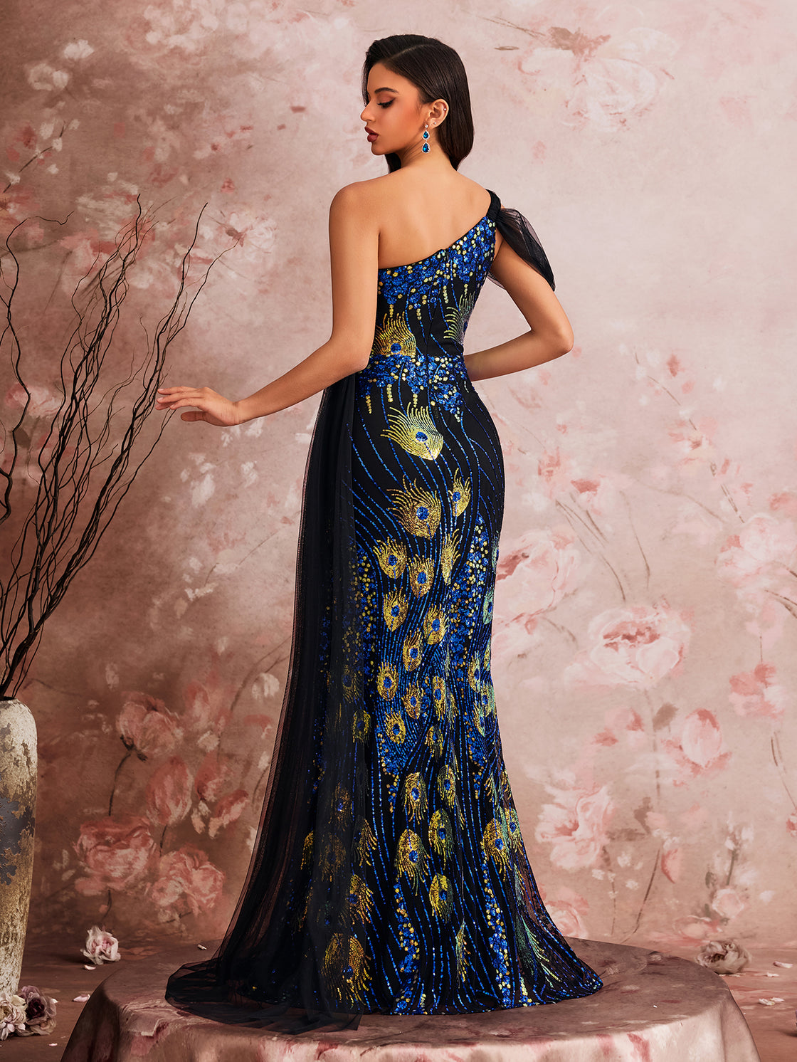 Glamorous and elegant cocktail dress with custom stretch beads, single shoulder ribbon, fish tail asymmetrical design| Blue Plum