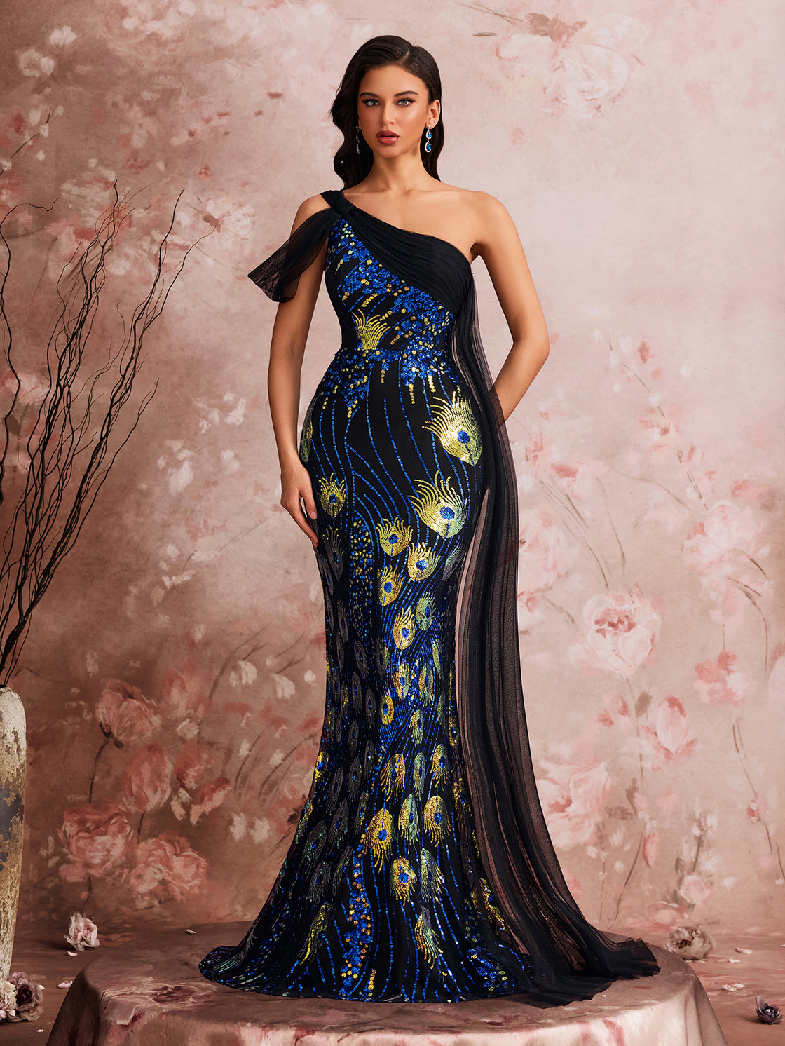 Glamorous and elegant cocktail dress with custom stretch beads, single shoulder ribbon, fish tail asymmetrical design| Blue Plum