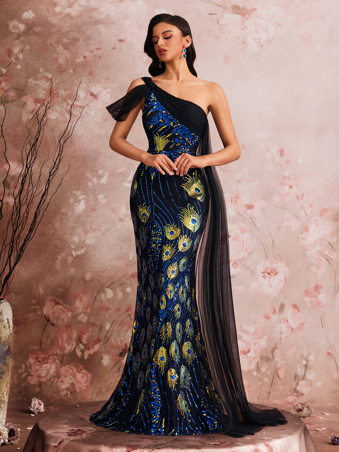 Glamorous and elegant cocktail dress with custom stretch beads, single shoulder ribbon, fish tail asymmetrical design| Blue Plum