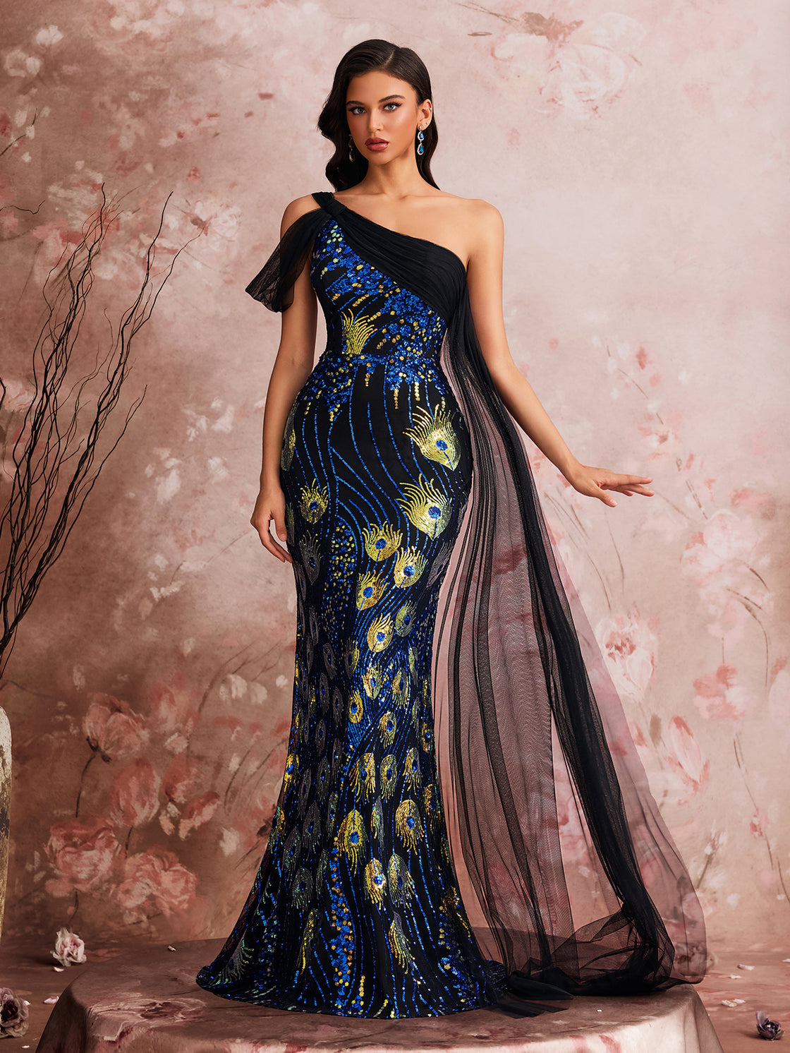 Glamorous and elegant cocktail dress with custom stretch beads, single shoulder ribbon, fish tail asymmetrical design| Blue Plum