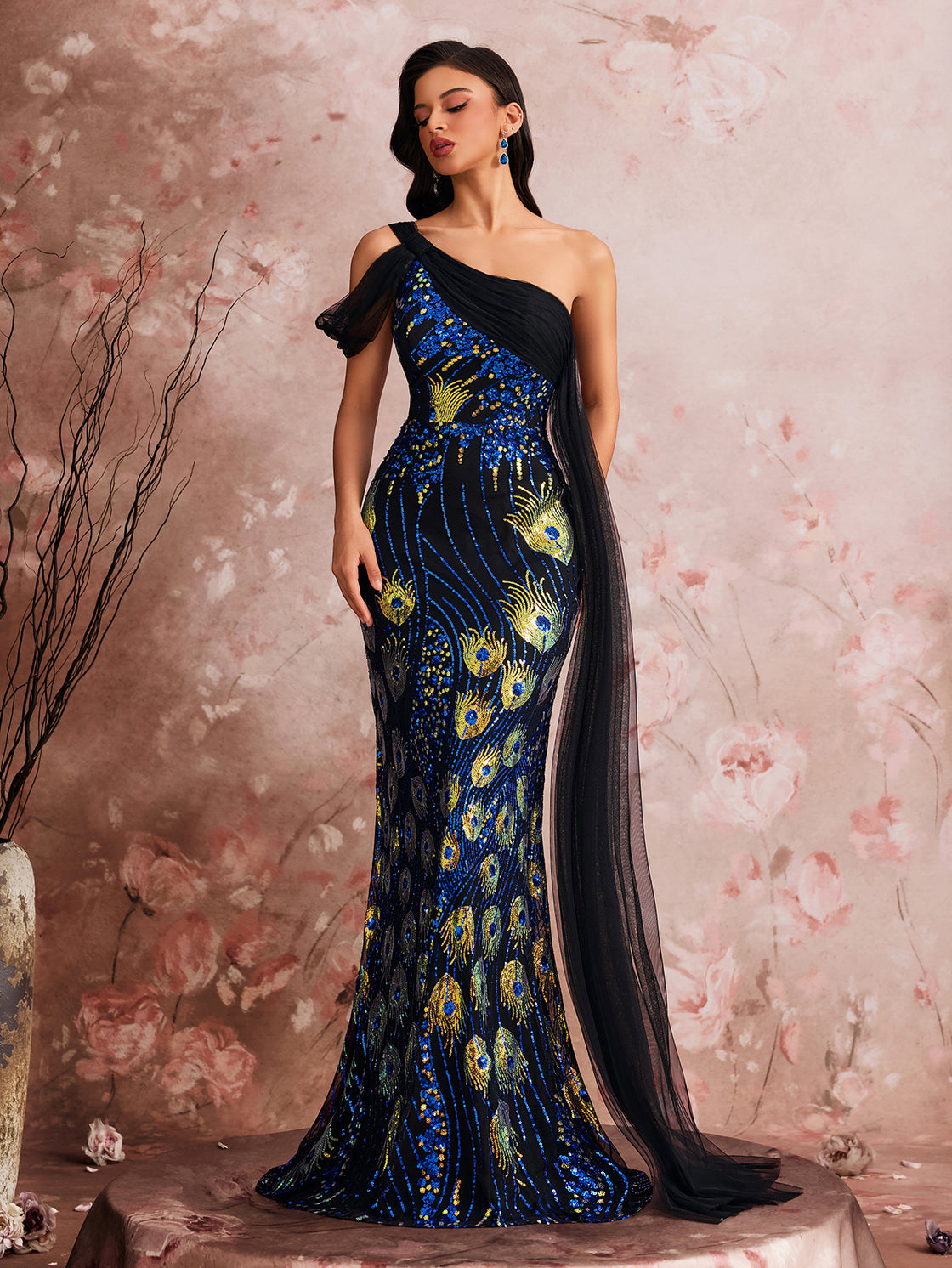 Glamorous and elegant cocktail dress with custom stretch beads, single shoulder ribbon, fish tail asymmetrical design| Blue Plum