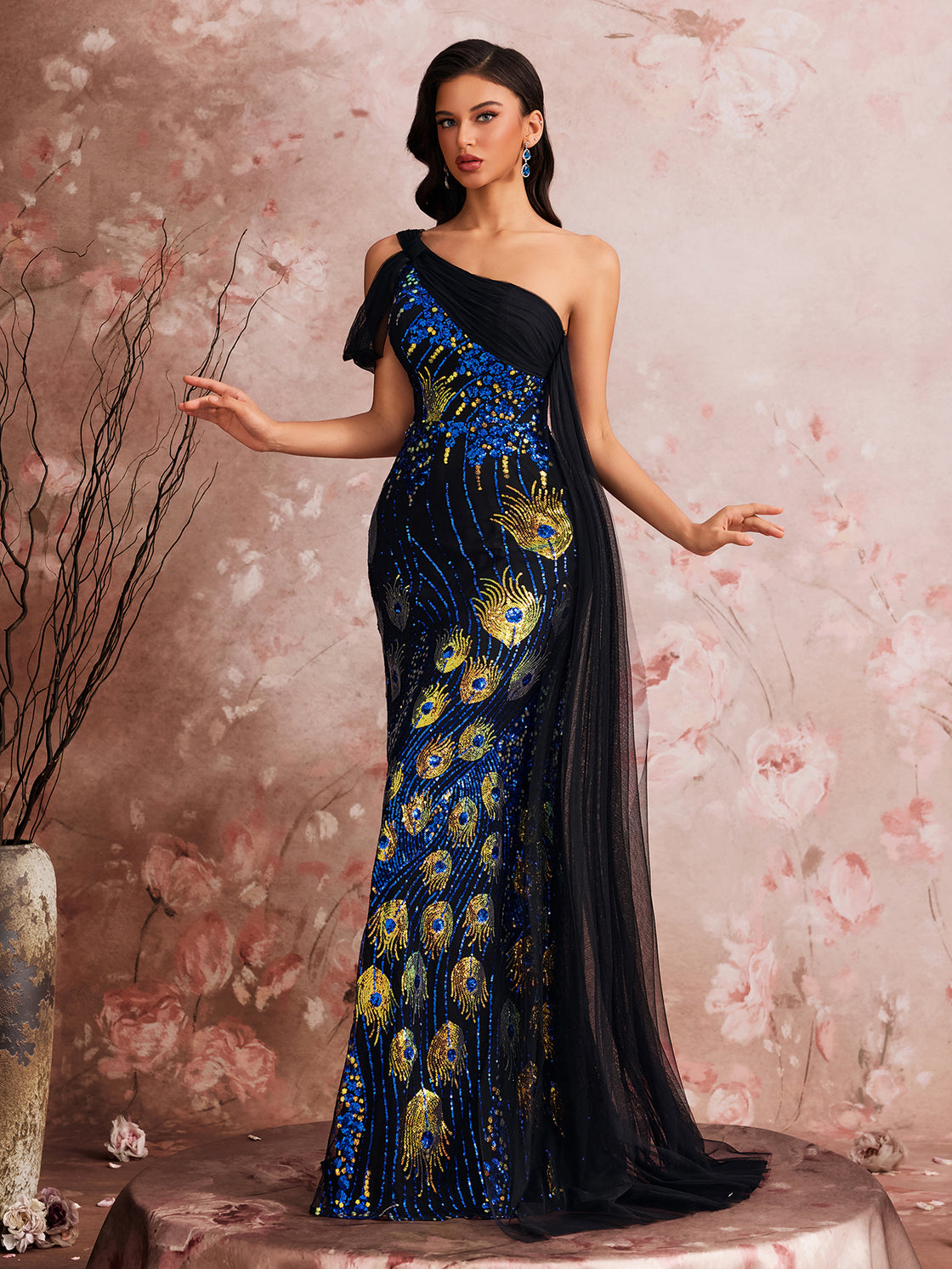 Glamorous and elegant cocktail dress with custom stretch beads, single shoulder ribbon, fish tail asymmetrical design| Blue Plum