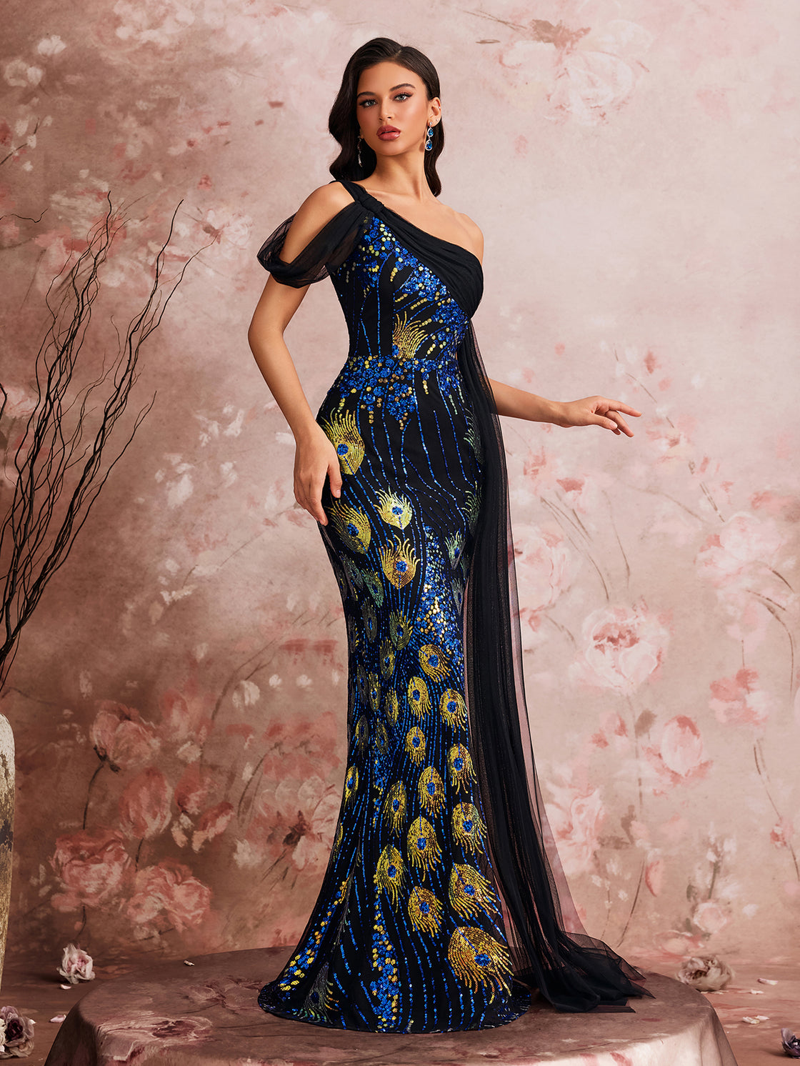 Glamorous and elegant cocktail dress with custom stretch beads, single shoulder ribbon, fish tail asymmetrical design| Blue Plum