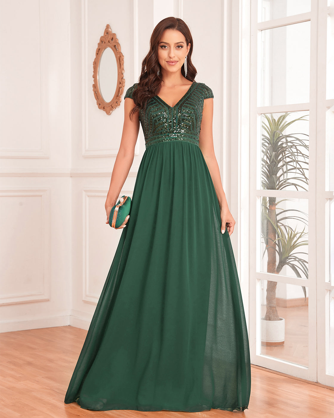 BluePlum Elegant Sequins Sleeveless Evening Dress Women 2024 V Neck Green Wedding Party Graduation Prom Chiffon Cocktail Gowns | Blue Plum