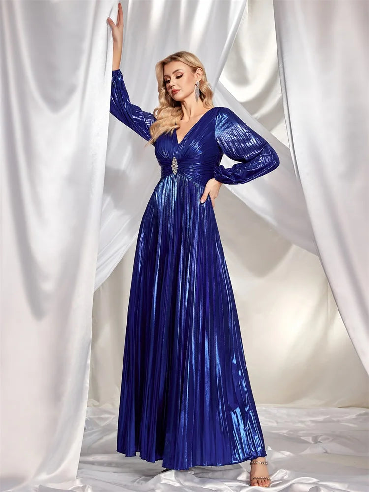 BluePlum Lucyinlove Luxury V-Neck Royal Blue Long sleeve Evening Dress For 2024 Women Elegant Wedding Party Long Cocktail Prom | Blue Plum - Blue Plum