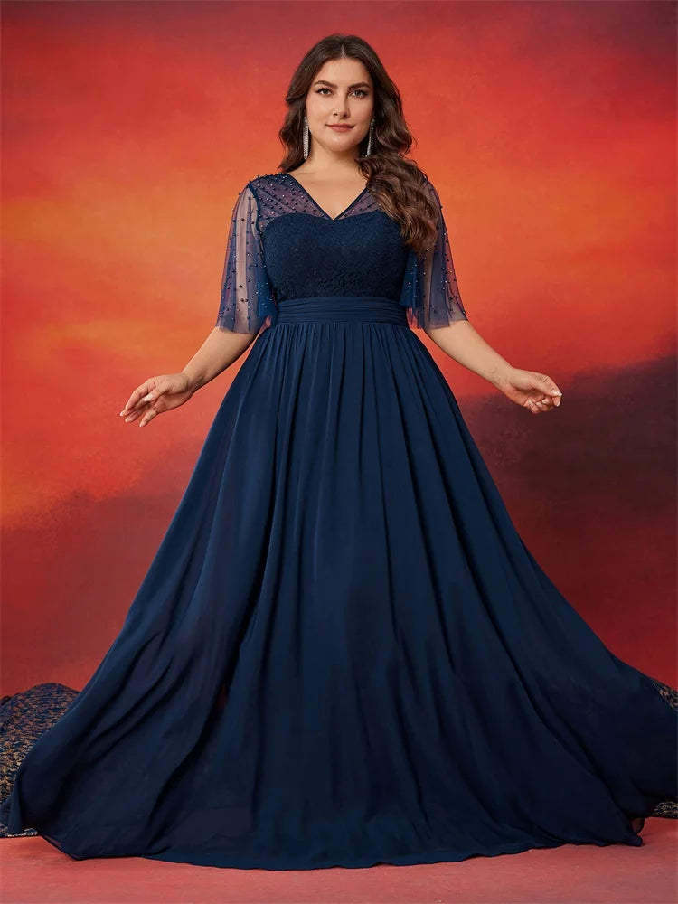 BluePlum Plus Size Luxury V-Neck Chiffon Blue Evening Dress Women Elegant V-back Wedding Party Long Prom Cocktail Dress | Blue Plum - Blue Plum