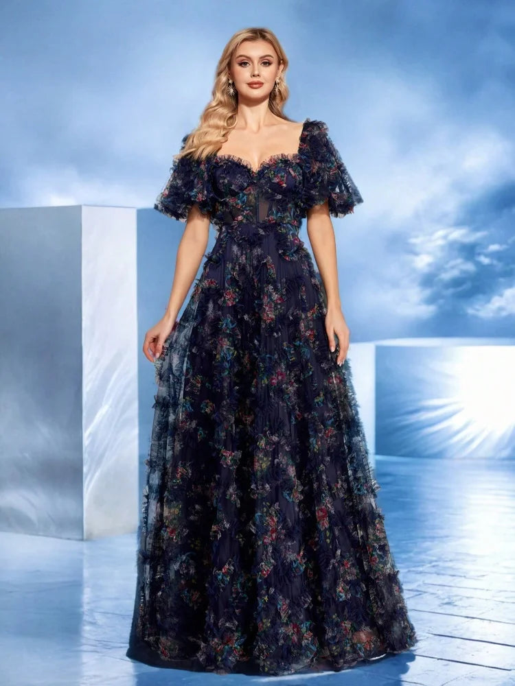 BLUEPLUM Evening Dress: Short Sleeve Floral Mermaid Gown | Blue Plum - Blue Plum