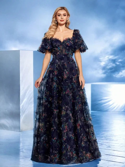 BLUEPLUM Evening Dress: Short Sleeve Floral Mermaid Gown | Blue Plum - Blue Plum