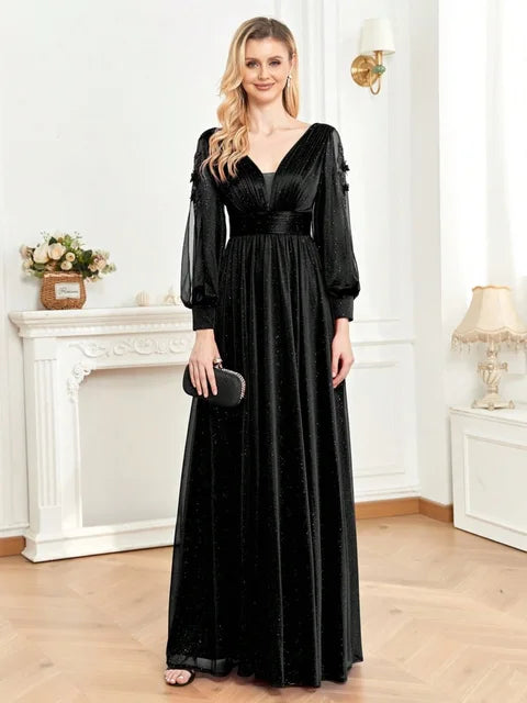 BluePlum Plus Size Elegant Women V-Neck Wedding Party Maxi Dress Luxury Long Sleeve Chiffon Evening Dress Long Prom Cocktail Dress | Blue Plum - Blue Plum