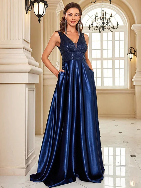 Luxury Sequin V-Neck Evening Gown | Blue Plum - Blue Plum