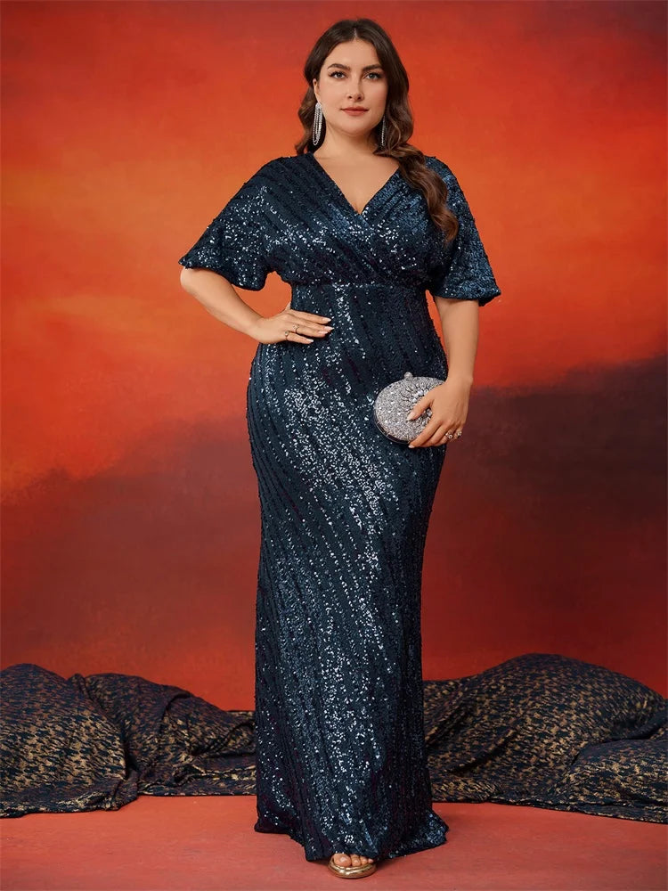 BluePlum Plus Size Sequin V-Neck Evening Dress | Blue Plum - Blue Plum